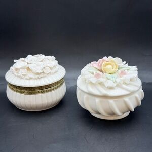 Vtg Ardalt Japan Porcelain Lace Trinket Box Set Floral Roses White Pink Jewelry